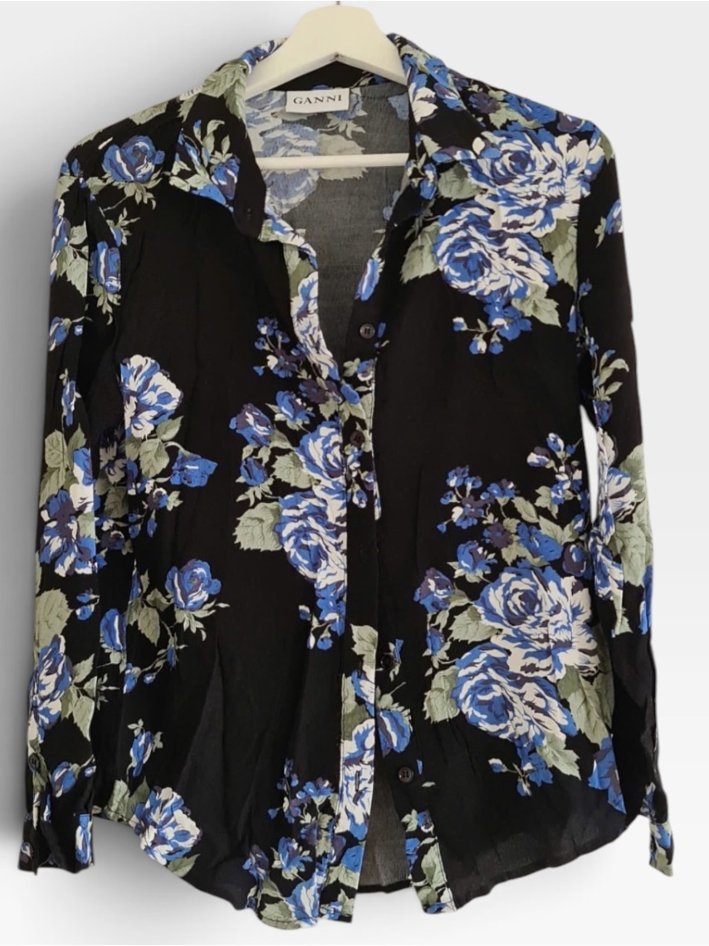 Ganni Black Shirt with Blue Floral Print size large